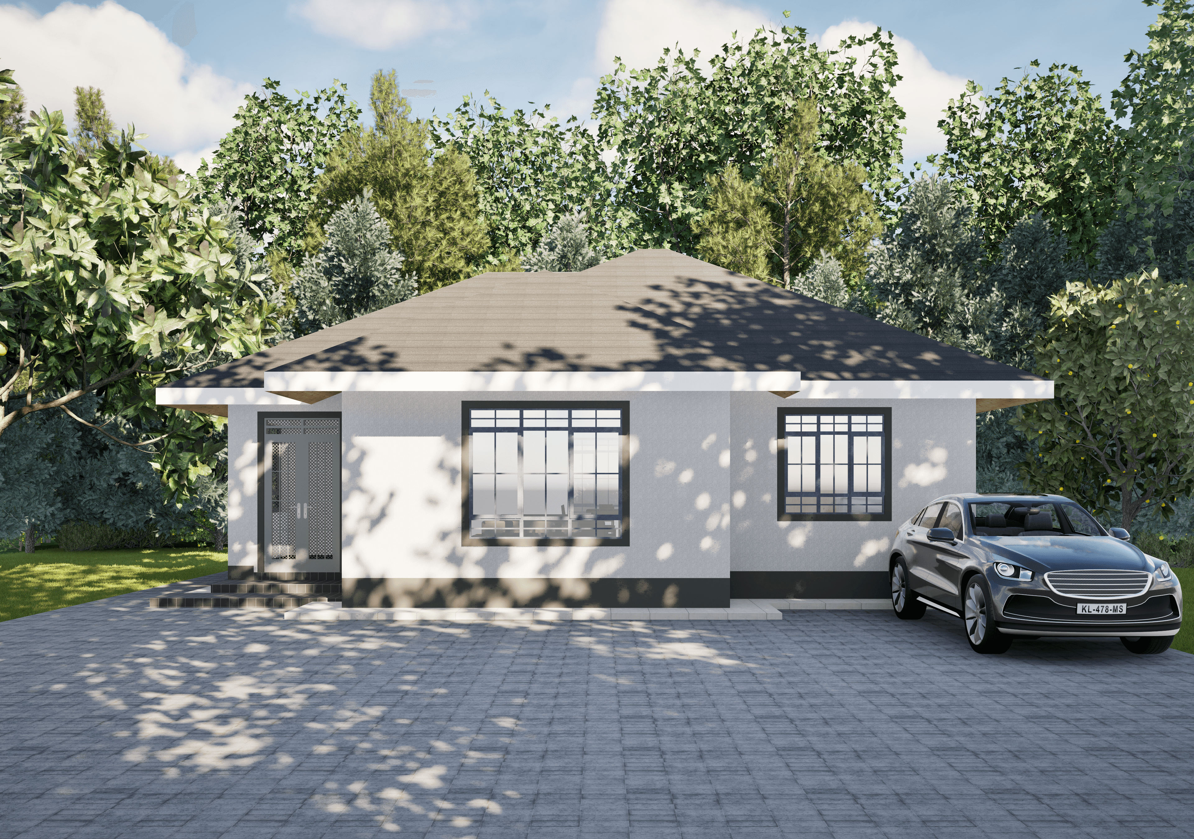 Modern Kenyan architectural home render with tropical landscaping